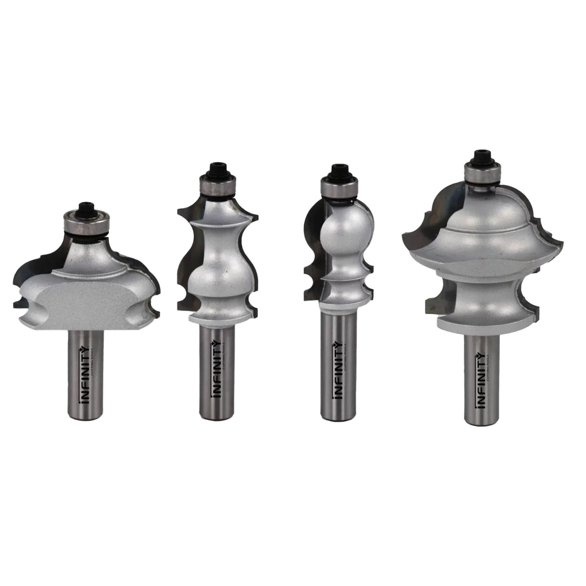 Set of four decorative carbide router bits for woodworking on white background