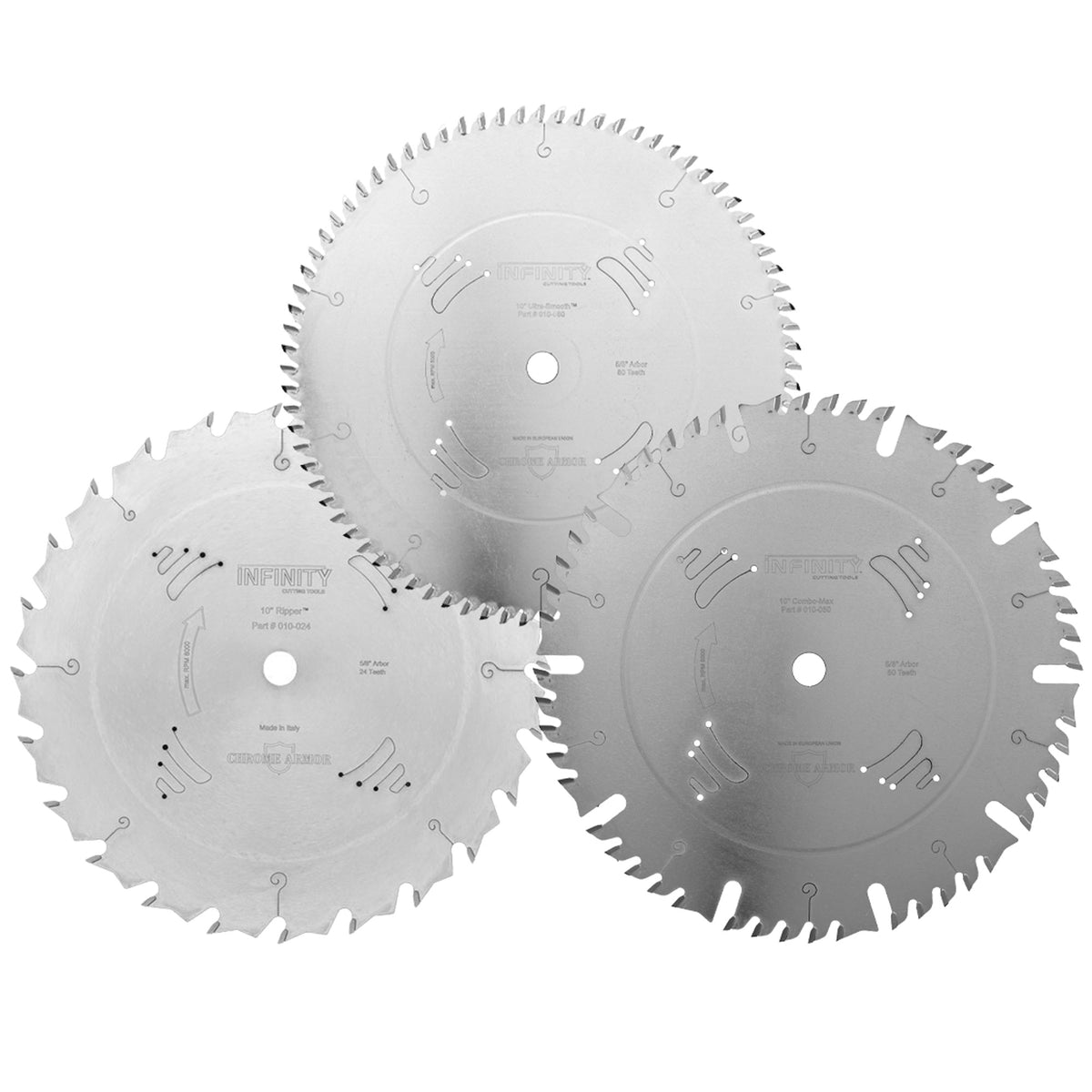 Three circular saw blades on a white background