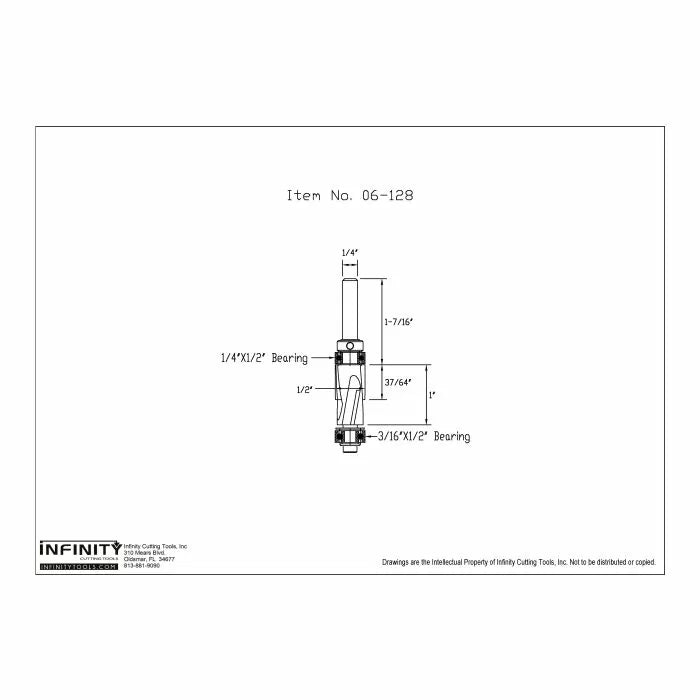 Technical drawing of woodworking router bit with labeled dimensions and bearings