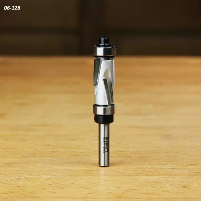 Straight bit with dual bearing for router tables on wood surface, woodworking tool