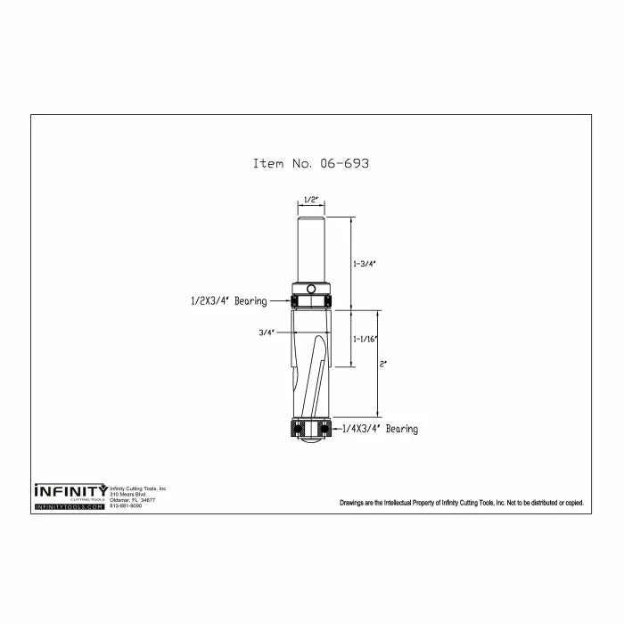 Technical drawing of a woodworking router bit with dimensions and bearing sizes labeled.