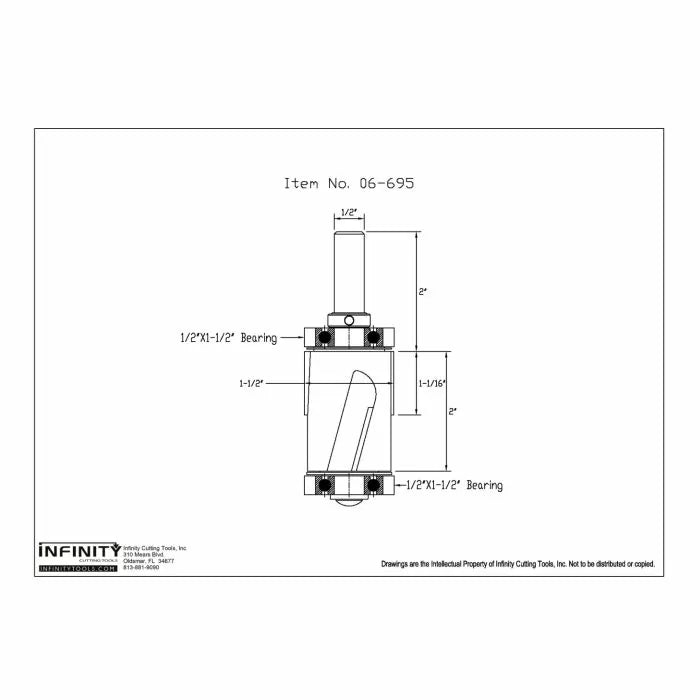 Technical drawing of a woodworking router bit with labeled measurements and bearings.