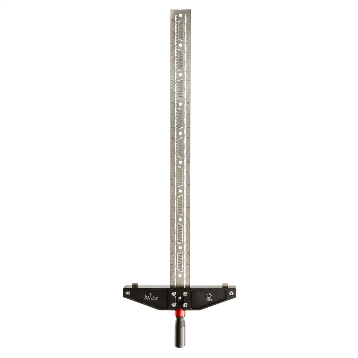 Precision woodworking dowel jig with metal ruler and adjustable handle on white background