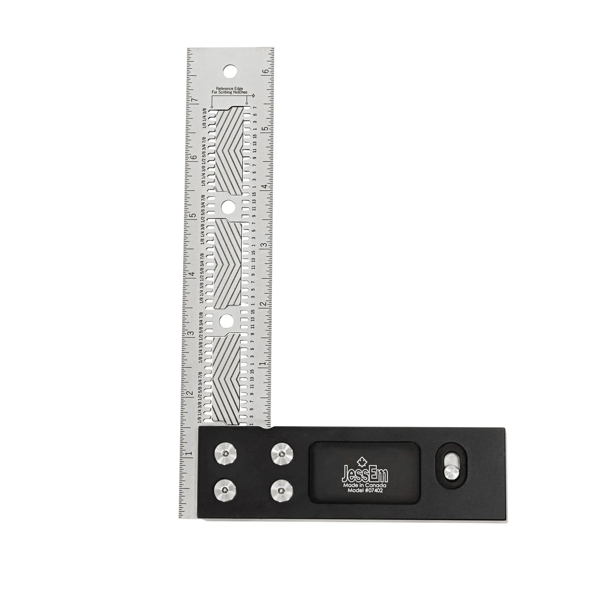 Precision woodworking square with metal ruler and black handle for accurate measuring