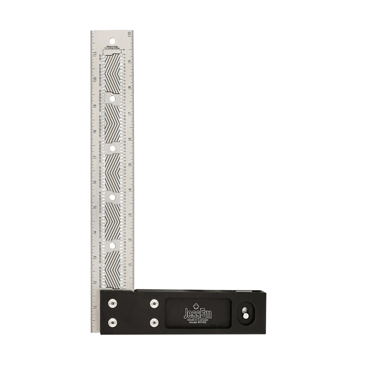 Precision woodworking square with stainless steel ruler and black handle, marked JessEm.