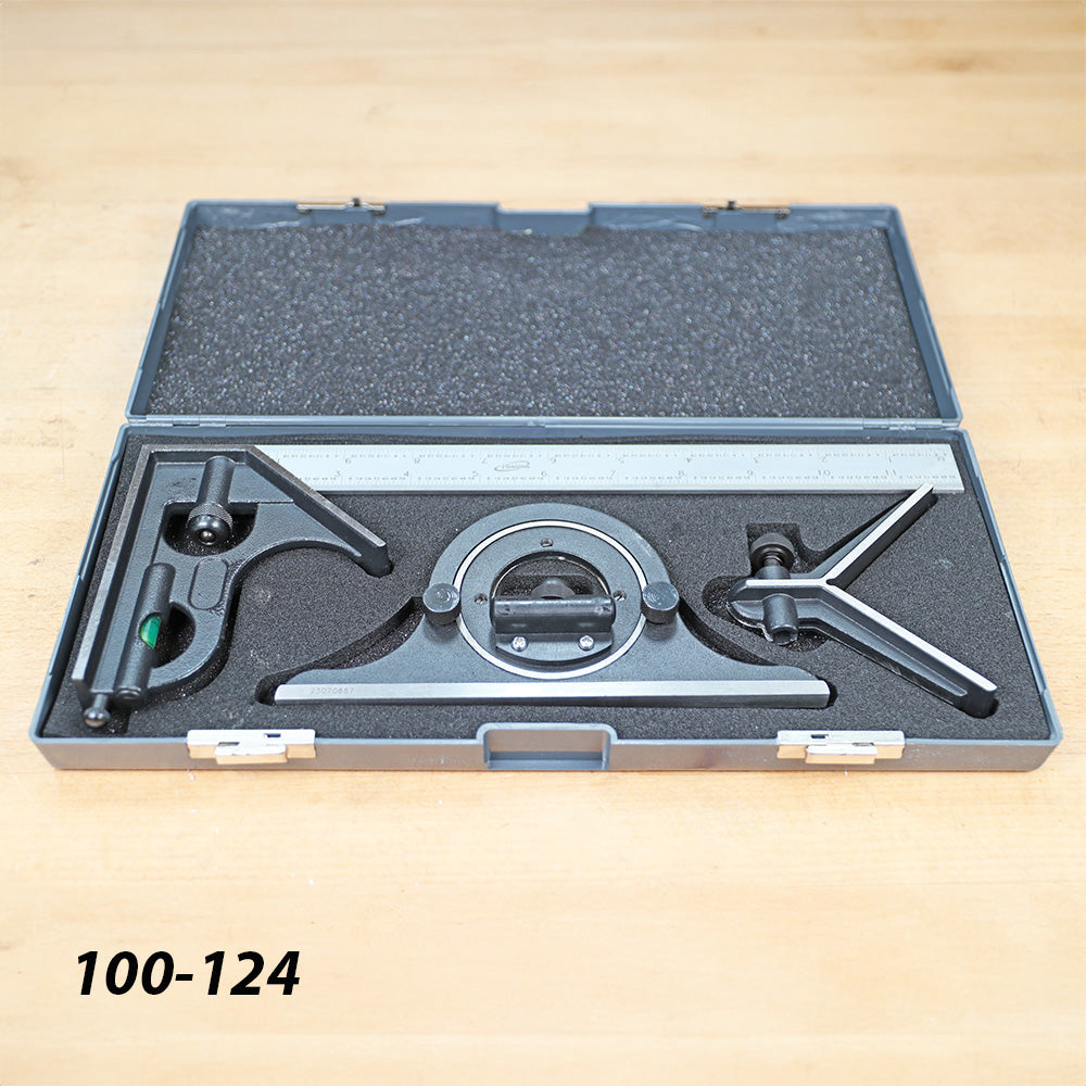 Precision combination square set with stainless steel ruler and protractor in foam case