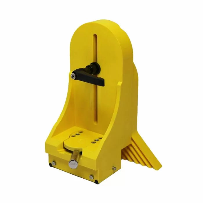 Yellow woodworking jig with adjustable handle for router table accessory precision cuts