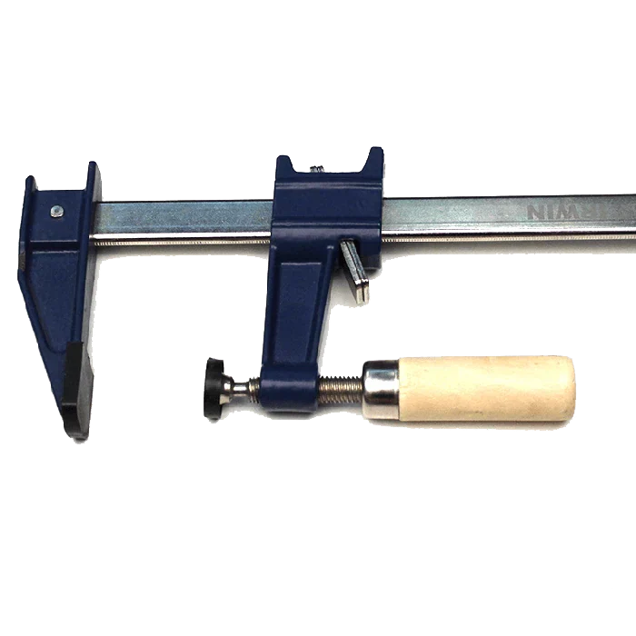 Heavy-duty woodworking bar clamp with blue steel frame and wooden handle