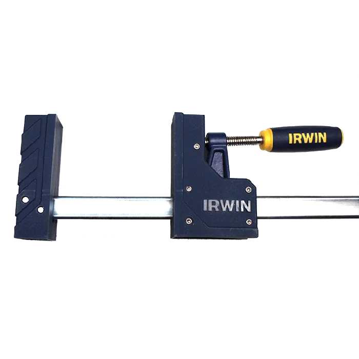 Irwin woodworking parallel bar clamp with blue pads and yellow handle