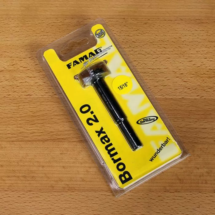 Bormax 2.0 Forstner drill bit 15/16 inch in yellow packaging on wood surface