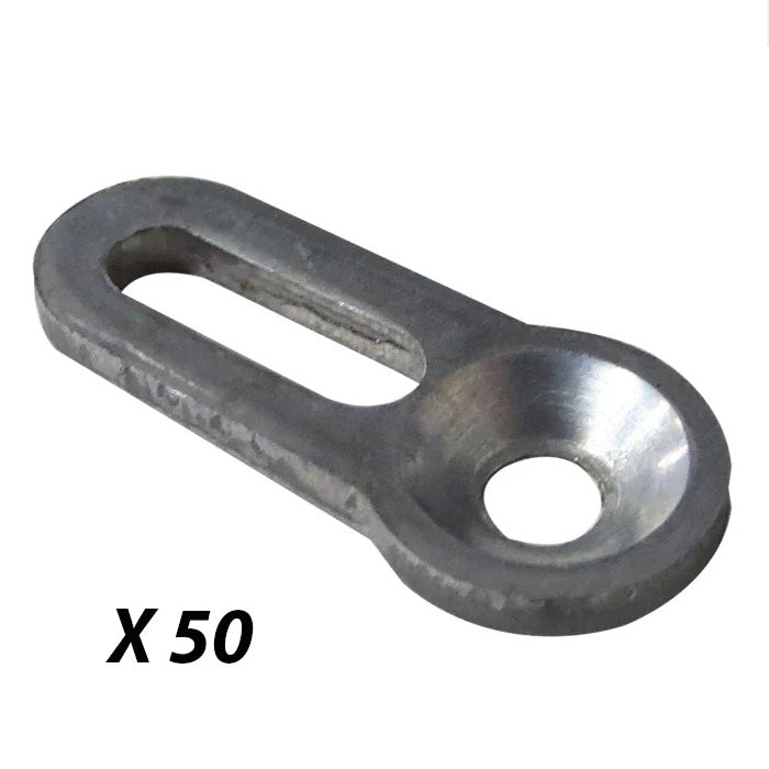 Metal figure 8 tabletop fastener for woodworking, 50 pack, on white background
