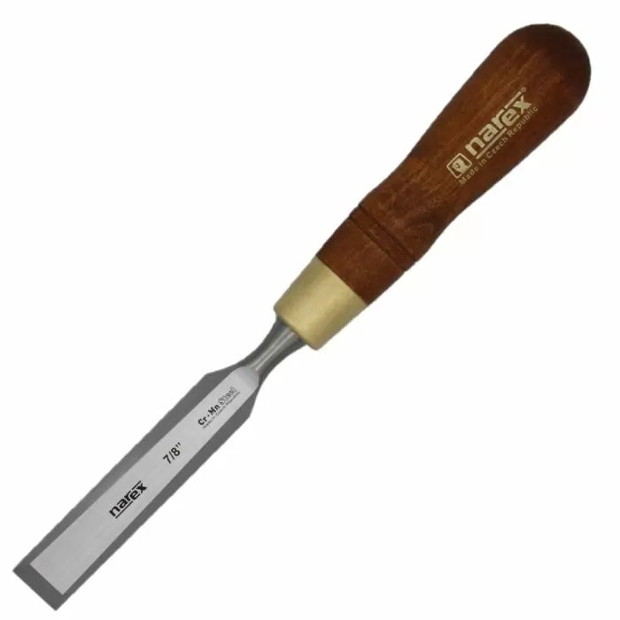 Wood chisel with sharp steel blade and varnished wooden handle for woodworking projects