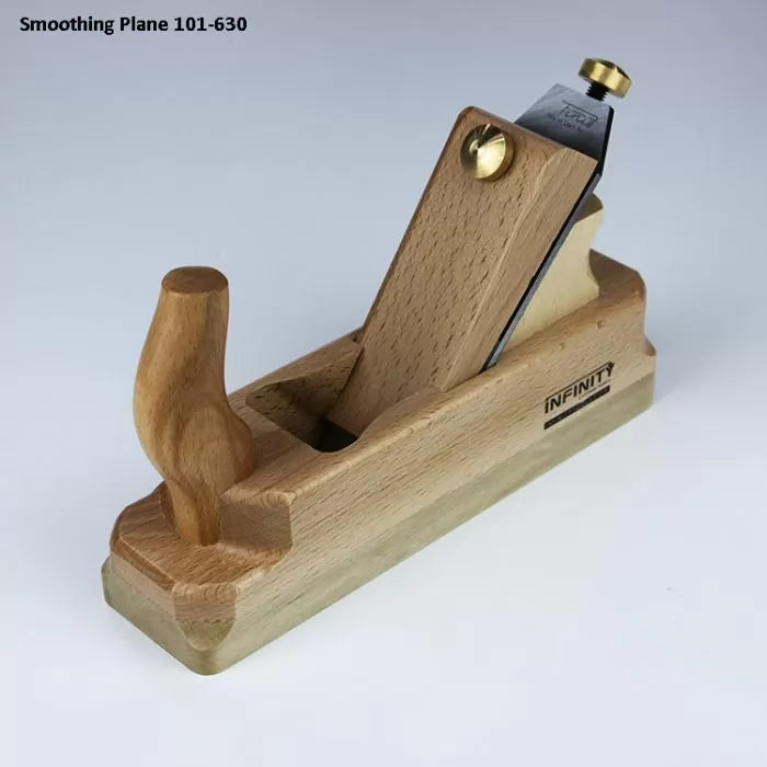 Wooden smoothing plane hand tool with handle and blade, used for woodworking projects