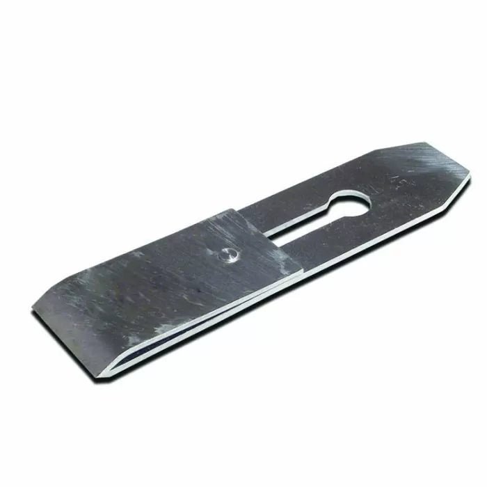 Steel hand plane blade for woodworking on white background