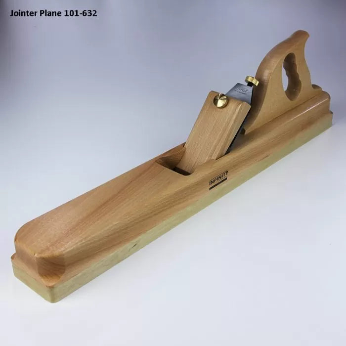 Wooden jointer plane hand tool with handle and blade for woodworking on white background