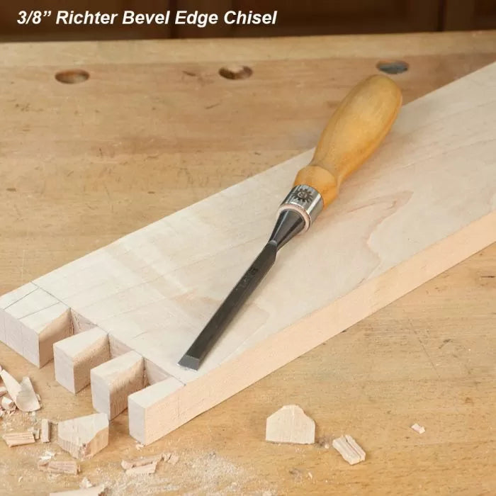 3/8 inch Richter bevel edge chisel on wood joinery dovetail workbench