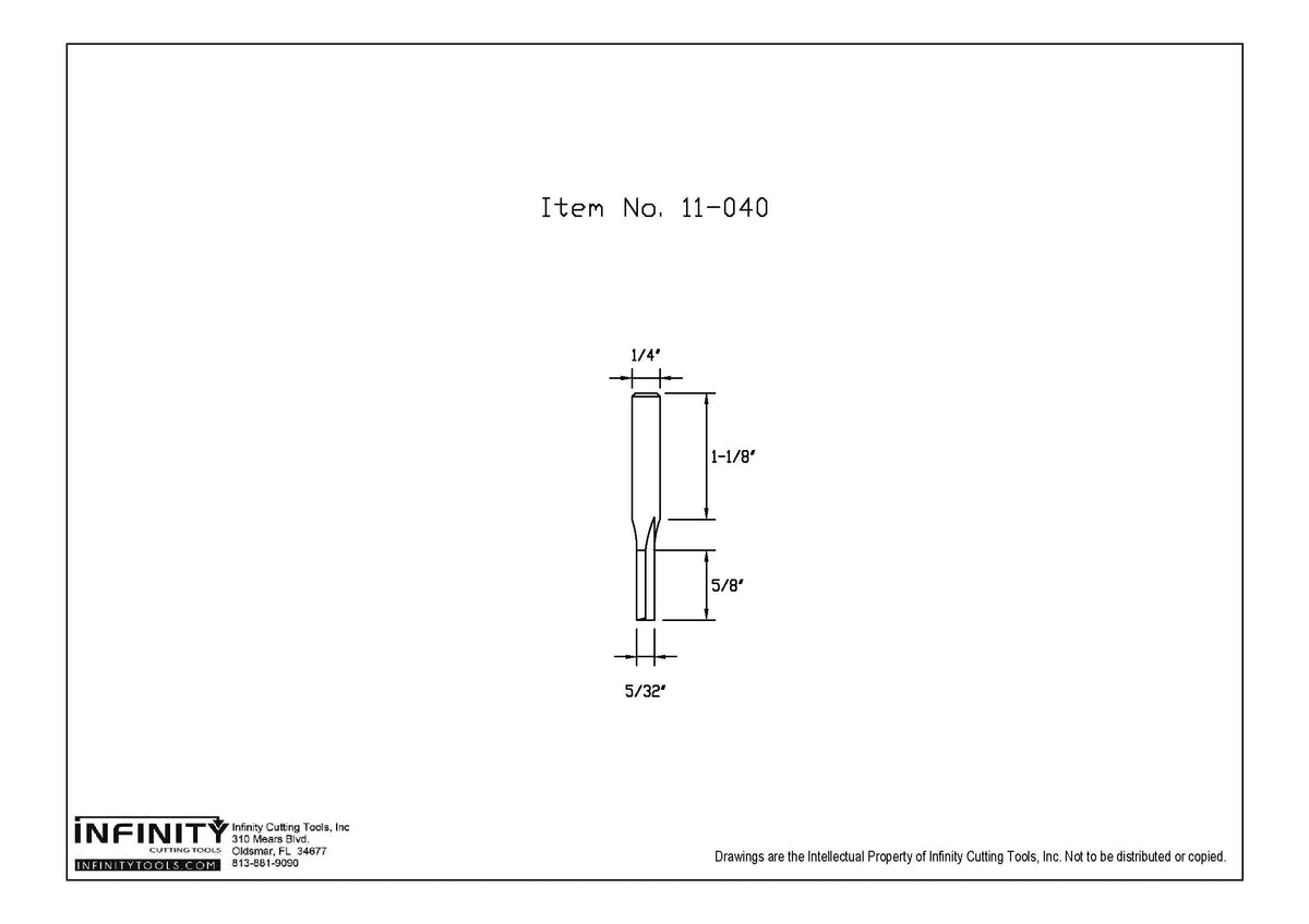 Technical drawing of a straight router bit, item 11-040, with detailed measurements