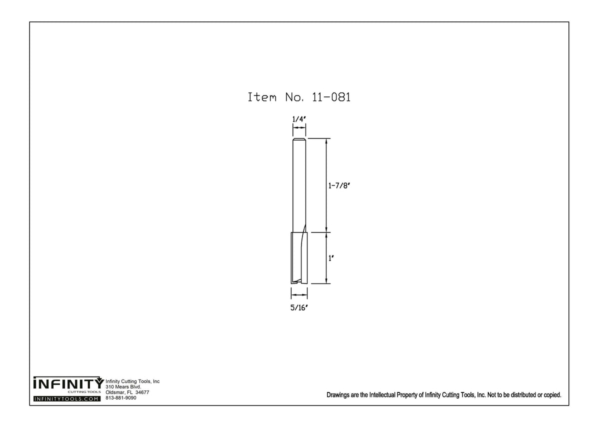 Router bit technical drawing with dimensions, labeled item 11-081, woodworking tool