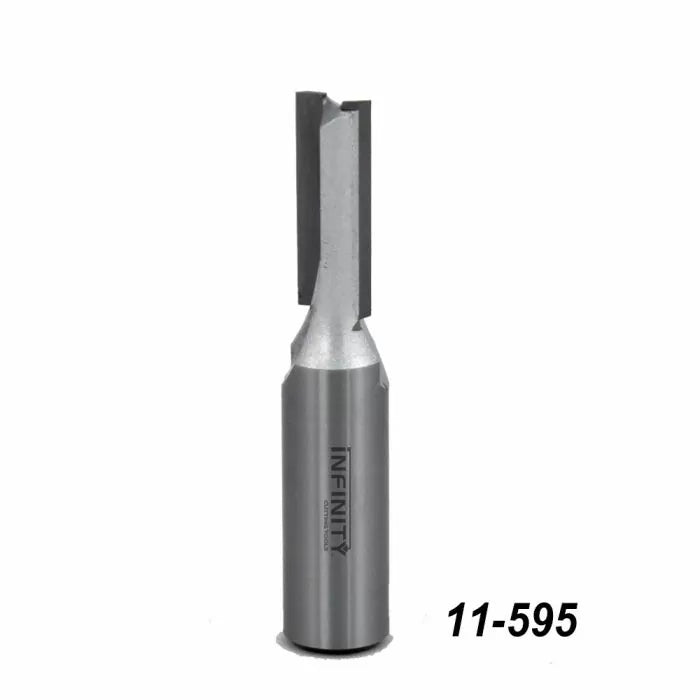 Carbide-tipped straight router bit for woodworking, product number 11-595, on white background.