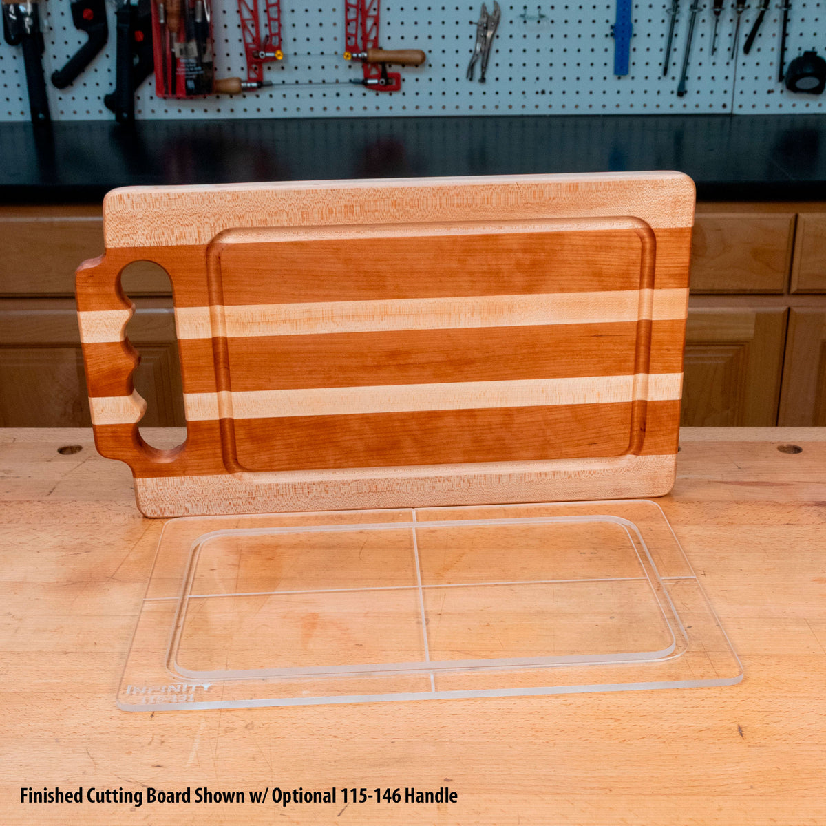 Clear acrylic cutting board template next to finished wood cutting board on workbench
