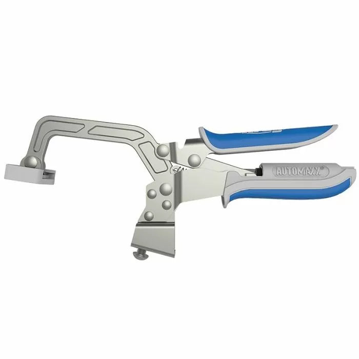 Metal woodworking clamp with blue ergonomic handles and wide jaw for holding materials