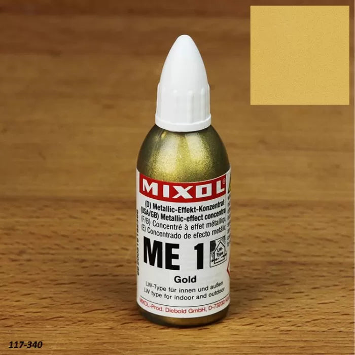 Gold metallic effect pigment concentrate bottle for woodworking finishes on wooden surface