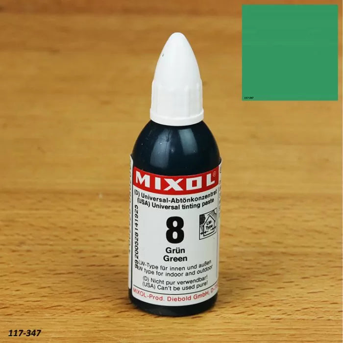 Mixol universal tinting paste green 8 on wood surface, sample color swatch visible