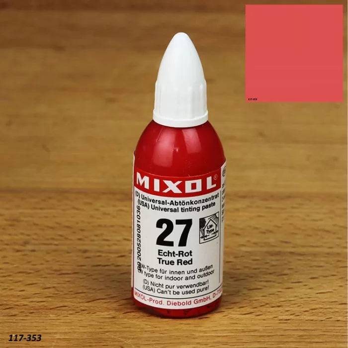 Mixol true red universal tinting paste bottle for woodworking on wooden surface