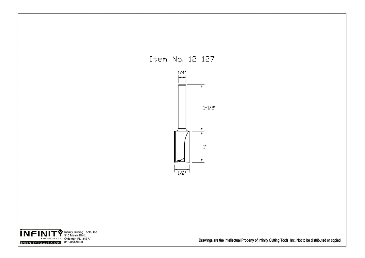 Technical drawing of straight router bit, item 12-127, with dimensions labeled.