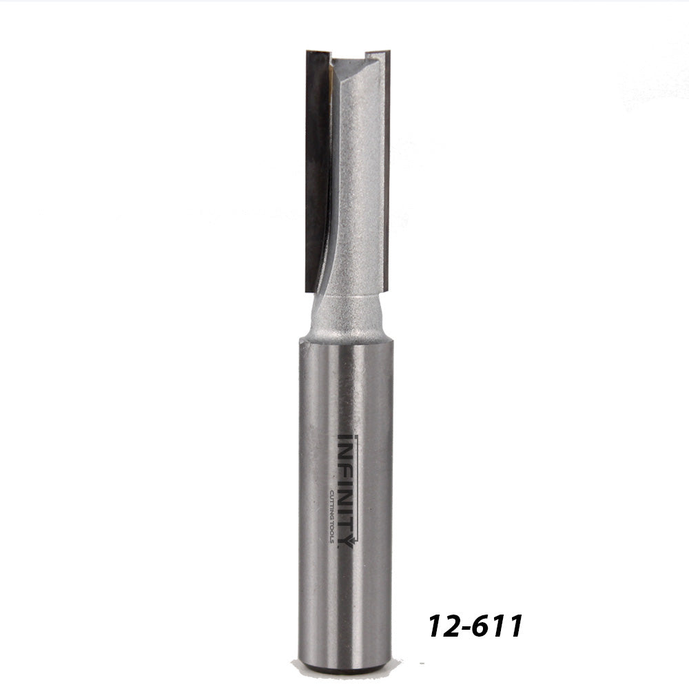 Straight carbide router bit for woodworking, product number 12-611, on white background.