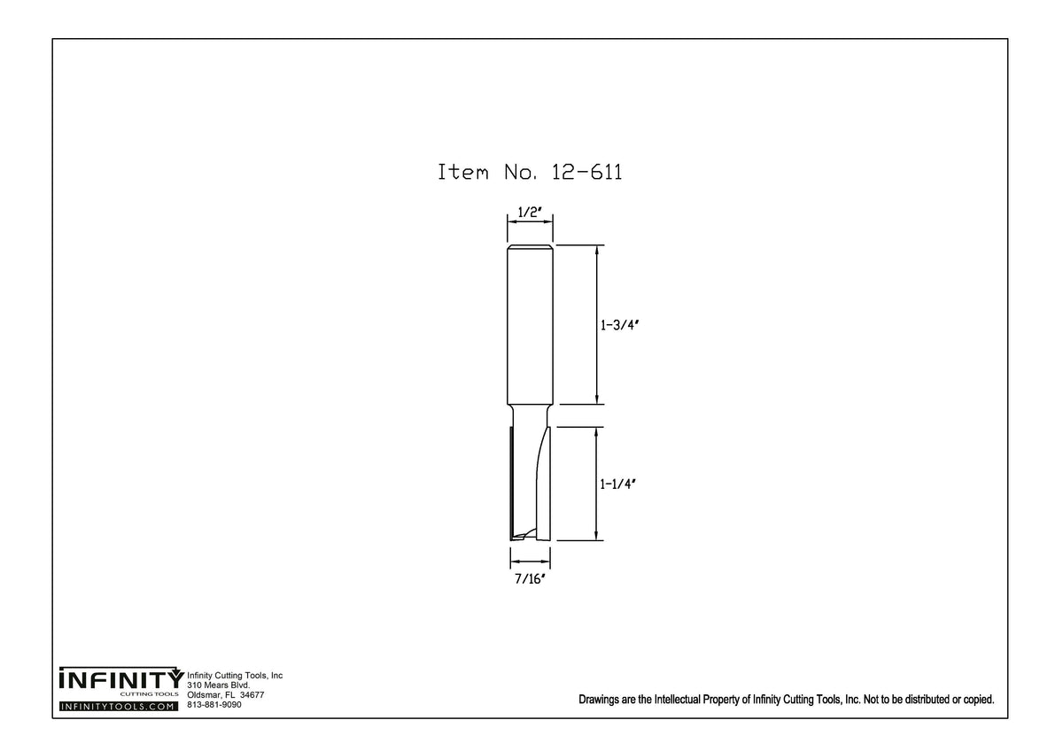Technical drawing of straight router bit, item 12-611, with 1/2 inch shank, 7/16 inch cut width.