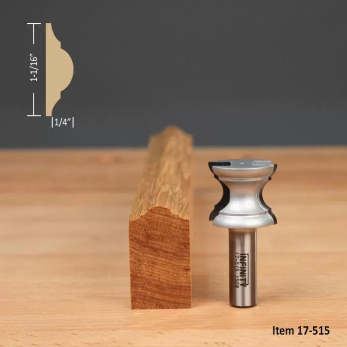 Woodworking edge profile router bit with matching wood molding, item 17-515, on table