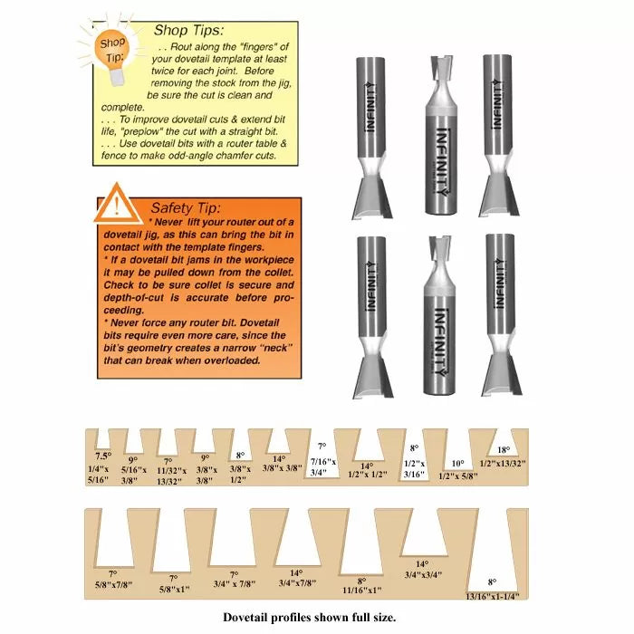 Dovetail router bits set with safety tips, shop tips, and full-size dovetail profile diagrams.