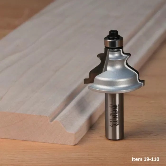 Classical router bit with bearing for woodworking, shown on a shaped wood board.