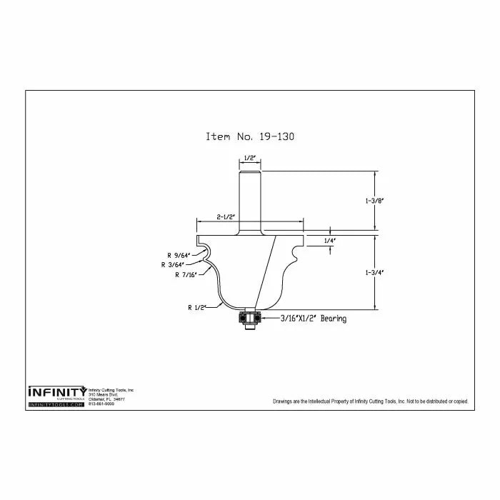 Router bit technical drawing with detailed measurements and bearing specifications.
