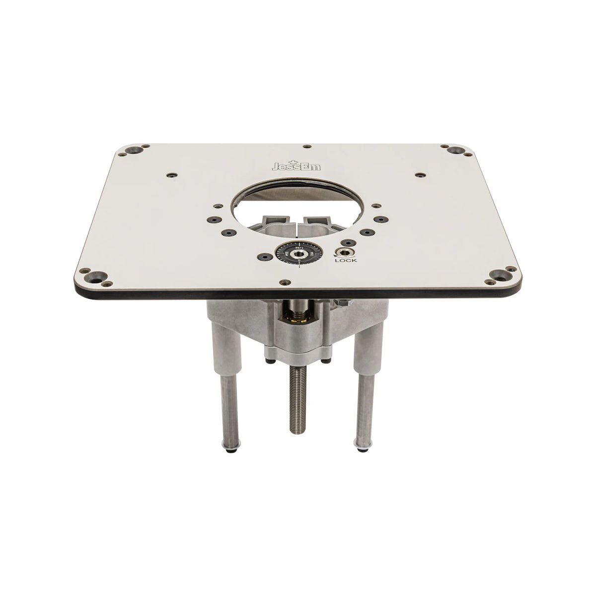 Router lift system with metal plate and adjustment dial for woodworking router tables