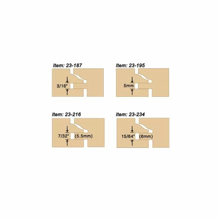 Woodworking groove joint profiles with measurements for router bit set, four diagram examples.