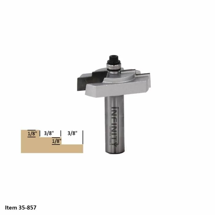 Groove router bit with diagram showing 1/8 inch by 3/8 inch step cutting profile