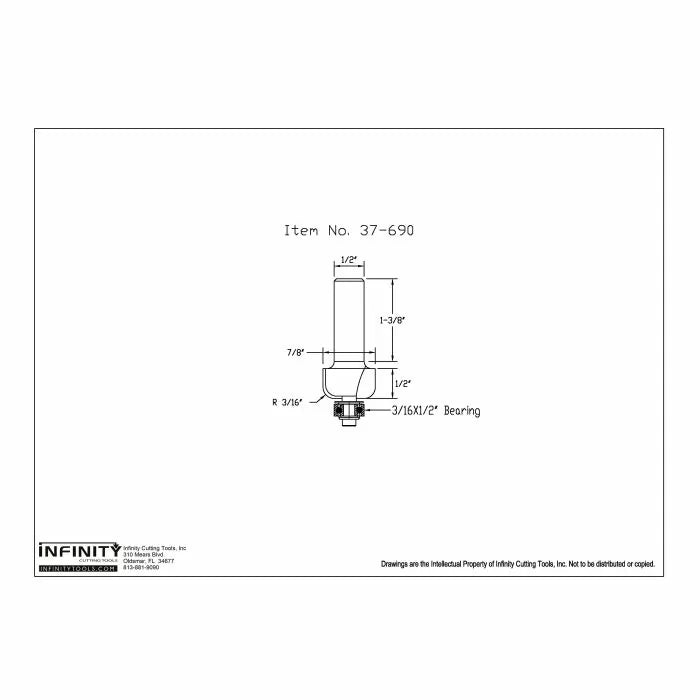 Technical drawing of woodworking router bit with dimensions and bearing, item 37-690.