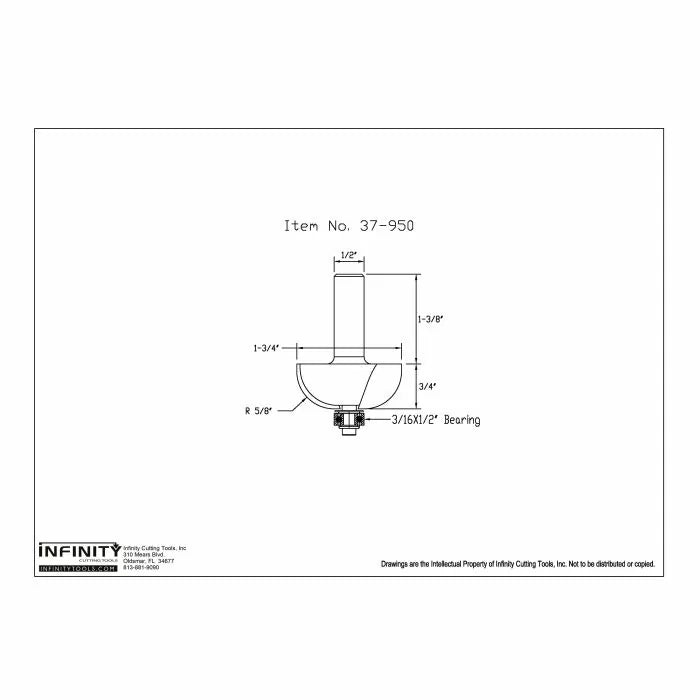 Technical drawing of woodworking router bit with labeled measurements, item number 37-950.