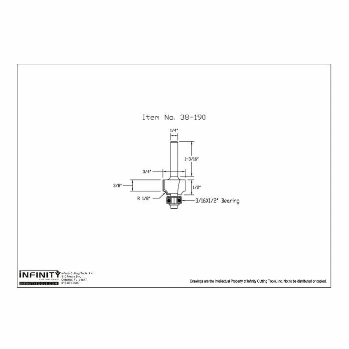 Technical drawing of a router bit with measurements and labeled 3/16 x 1/2 inch bearing.