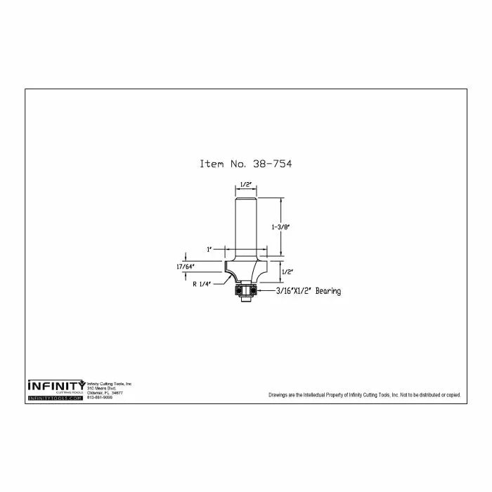 Router bit technical drawing with labeled dimensions and bearing, item 38-754 for woodworking.