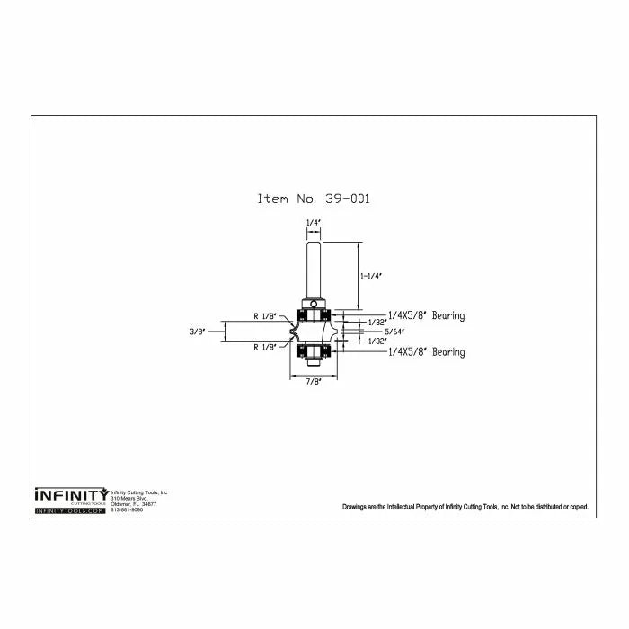 Technical drawing of router bit with labeled dimensions and ball bearings, woodworking tool