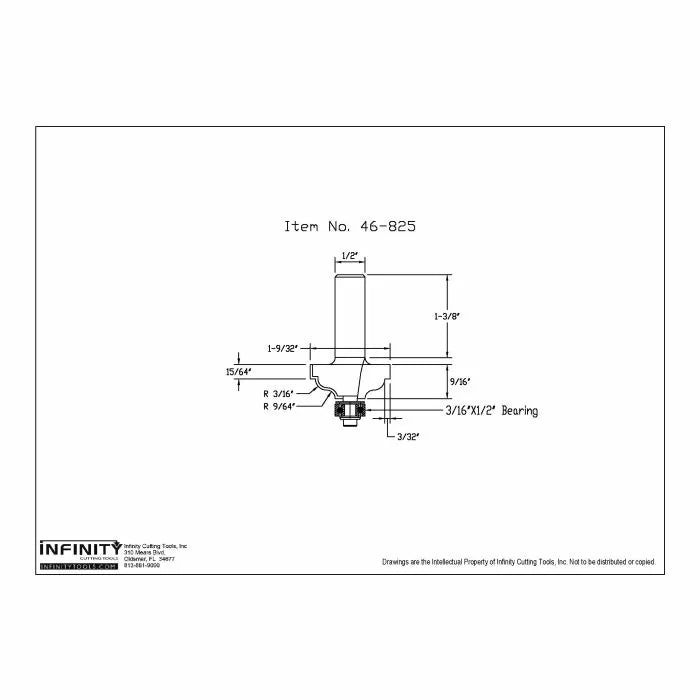 Technical drawing of router bit with dimensions, labeled item 46-825, woodworking tool diagram.