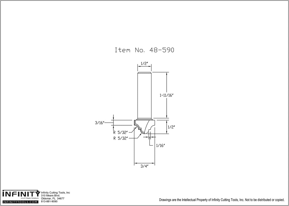 Technical drawing of woodworking router bit with measurements, labeled item 48-590