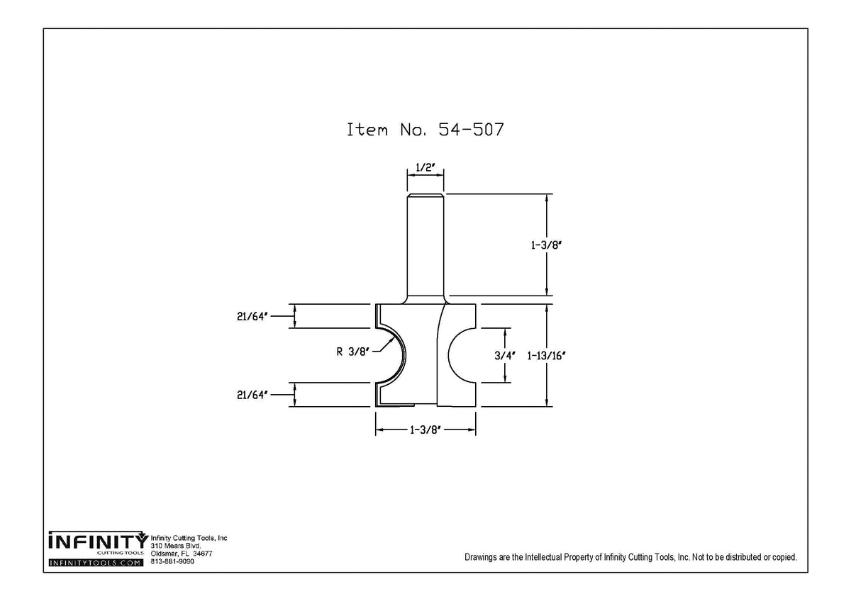 Technical drawing of woodworking router bit, model 54-507, with detailed dimensions.