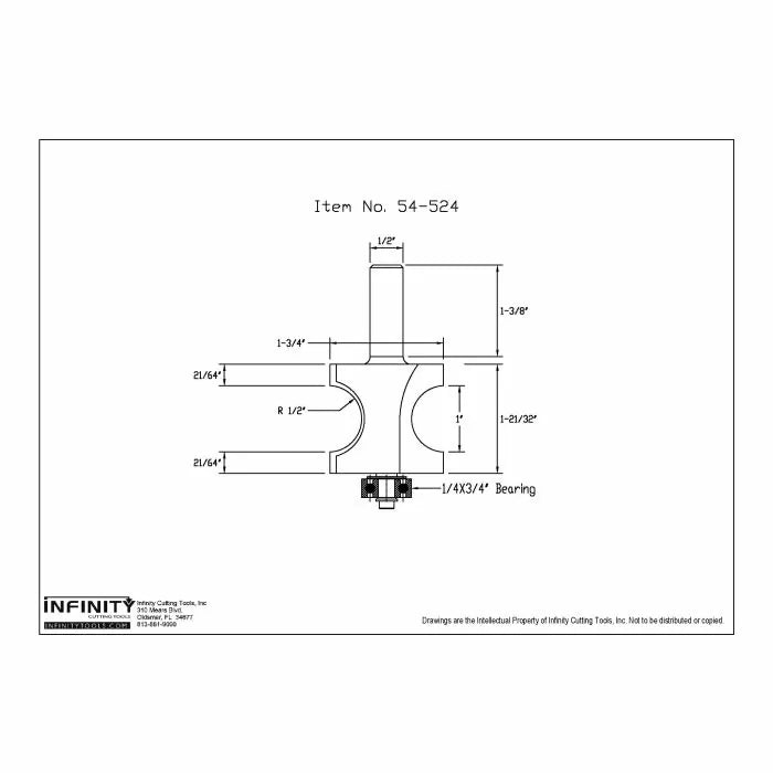 Technical drawing of woodworking router bit, 54-524, with labeled dimensions and bearing.