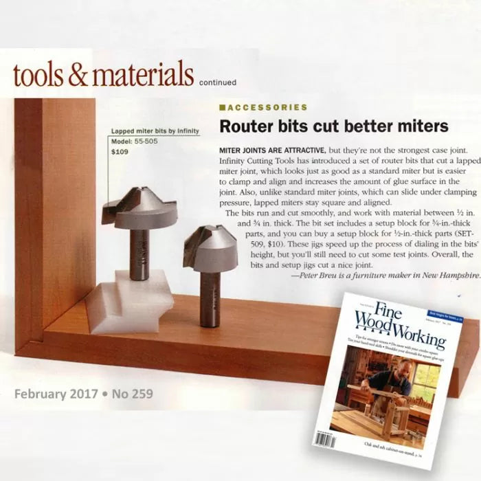Lapped miter router bits for woodworking displayed on wood with magazine article background.