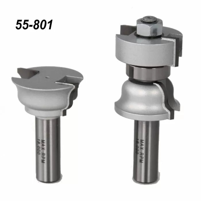 Two silver rail and stile router bits for woodworking, labeled 55-801, on white background.