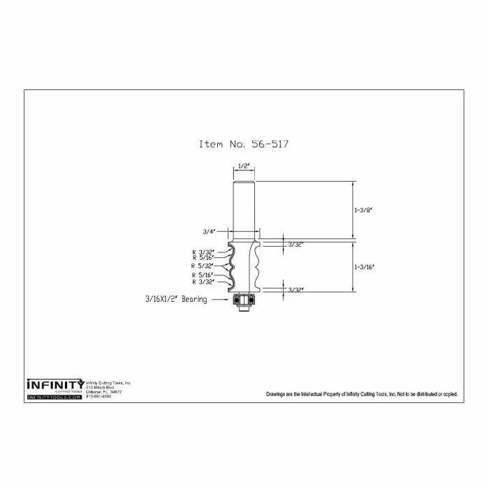 Technical drawing of woodworking router bit, item number 56-517, with bearing and measurements.